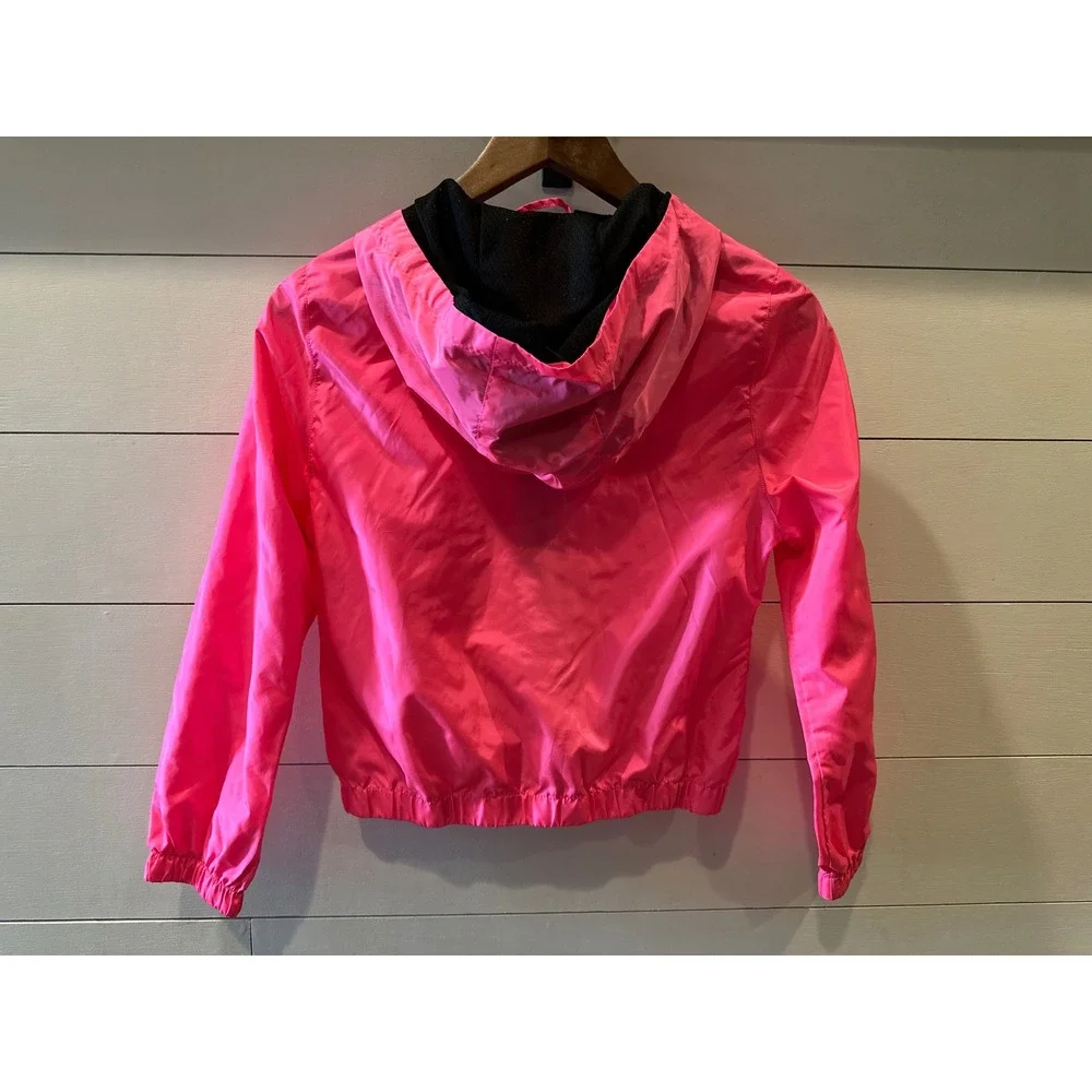 Justice Girls Neon Pink Windbreaker Hooded Jacket Logo Zip Mesh Lined Size 10